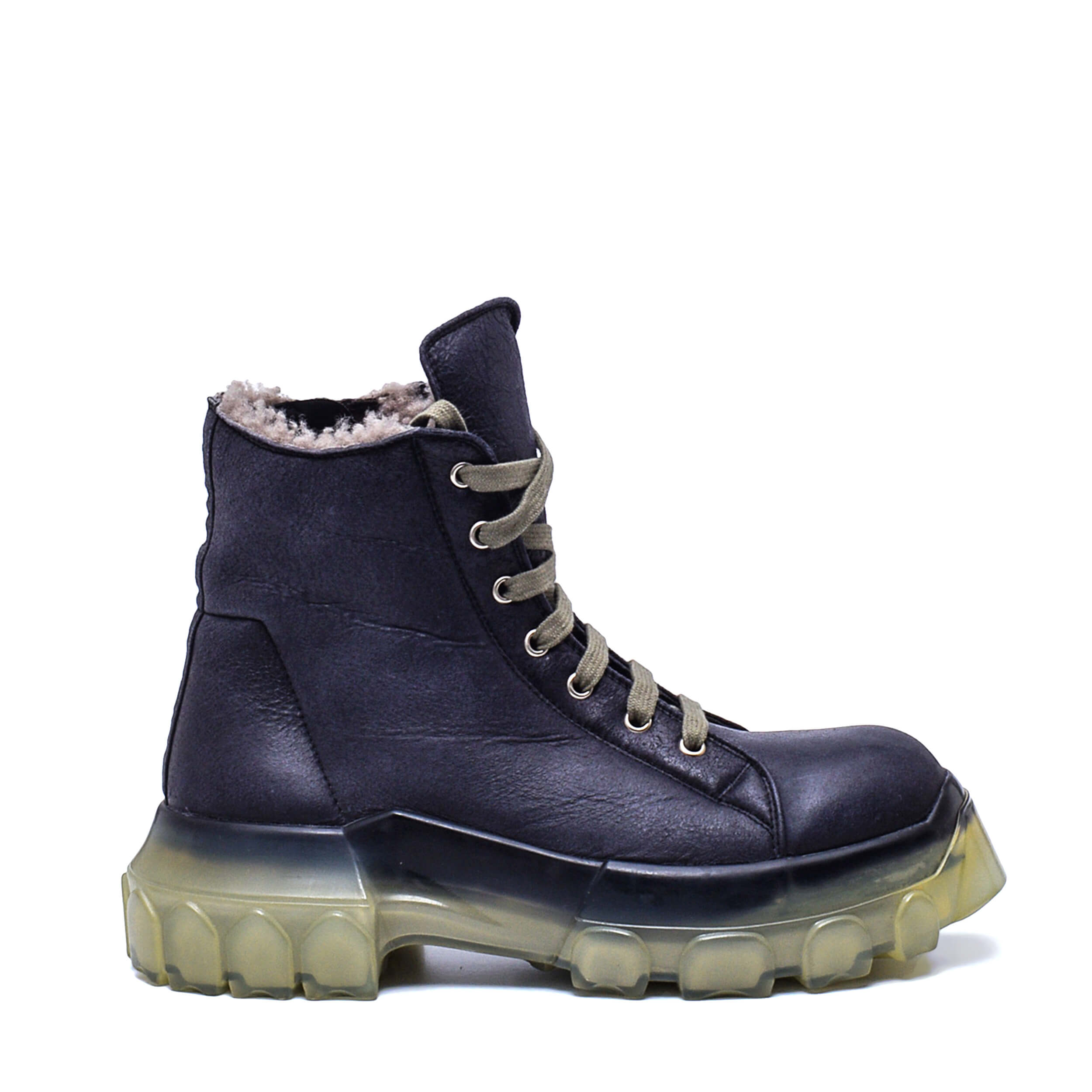 Rick Owens - Navy Blue Leather Shearling Mega Bozo Tractor Boots / 38